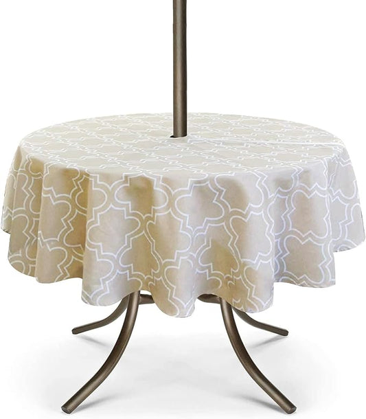 UMINEUX 60" Outdoor Round Tablecloth with Umbrella Hole and Zipper | Spring/Summer Waterproof Round Patio Table Cover for Picnic/BBQ/Garden, Khaki Moroccan
