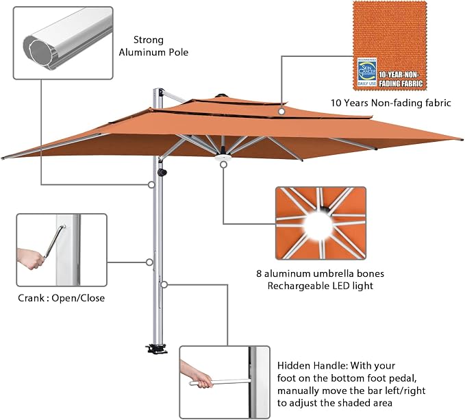 EliteShade USA APOLLO 3-Tier 10x13FT Full Aluminum Cantilever Patio Umbrella for Outdoor Restaurant Garden Courtyard Deck Pool and Marketing with Light (No battery), Rust