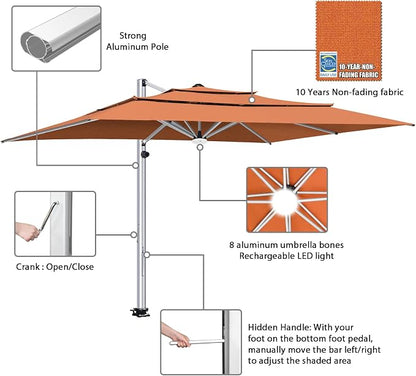 EliteShade USA APOLLO 3-Tier 10x13FT Full Aluminum Cantilever Patio Umbrella for Outdoor Restaurant Garden Courtyard Deck Pool and Marketing with Light (No battery), Rust