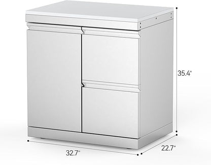 Outdoor Kitchen Combo Cabinet Left Door + Right Two Drawers, Stainless Steel Storage with White Quartz Countertop, for Grill Island, Patio BBQ Station