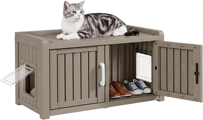 2 Doors Shoe Storage Bench with Cat Cabinet for Entryway, Hallway, Grey | 2 Hidden Side Doors Entryway Bench with Seat, Waterproof Resin Shoe Rack for Entryway, Bedroom, Living Room, Indoor/Outdoor
