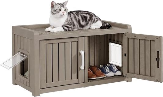 2 Doors Shoe Storage Bench with Cat Cabinet for Entryway, Hallway, Grey | 2 Hidden Side Doors Entryway Bench with Seat, Waterproof Resin Shoe Rack for Entryway, Bedroom, Living Room, Indoor/Outdoor