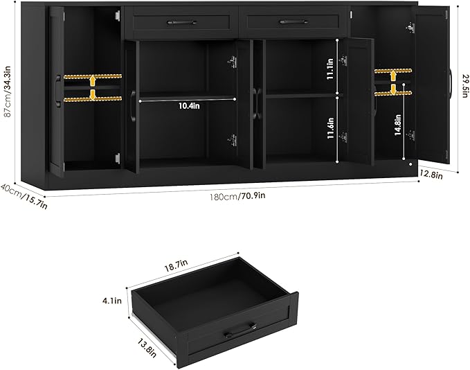 71” Large Buffet Cabinet with Storage, Sideboard Buffet Cabinet with Adjustable Shelves and 6 Soft-Close Doors, Wood Coffee Bar Console Table for Kitchen, Dining Room, Black | Sideboard 6 Soft-Close Doors, Wood Coffee Bar Console Table for Kitchen, Din...