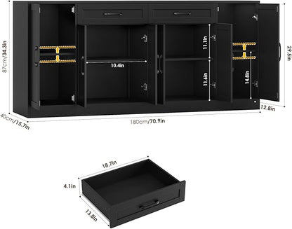 71” Large Buffet Cabinet with Storage, Sideboard Buffet Cabinet with Adjustable Shelves and 6 Soft-Close Doors, Wood Coffee Bar Console Table for Kitchen, Dining Room, Black | Sideboard 6 Soft-Close Doors, Wood Coffee Bar Console Table for Kitchen, Din...