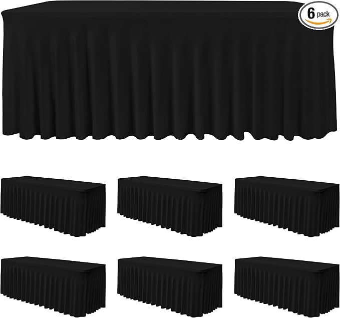 6 Pack Black Spandex Table Covers 6ft Rectangle Ruffle Skirts for Party | Elastic Table Covers 6 Foot, Pleated Fitted Table Cloths, Wrinkle Resistant Elegant Table Skirts Wedding, Banquets