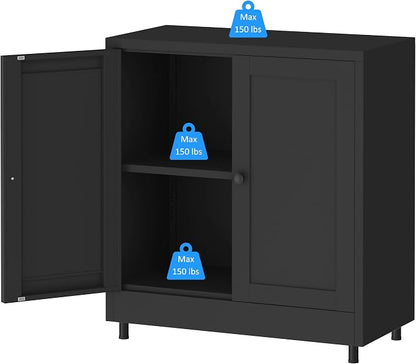 Metal Storage Cabinet with 2 Doors and Adjustable Shelf, Steel Sideboard Buffet Cabinet for Home Office Hallway Entryway Kitchen Living Dining Room (Black)