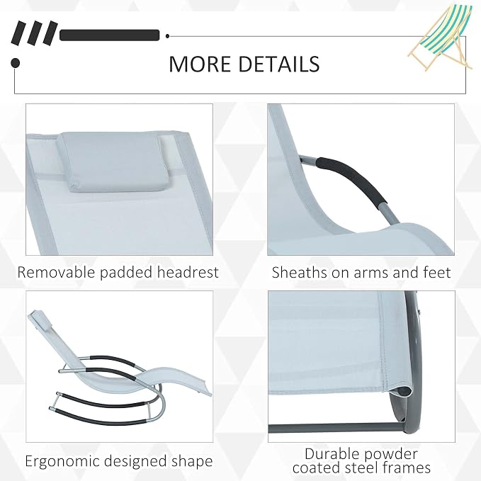 Outsunny Zero Gravity Rocking Chair Outdoor Chaise Lounge Chair Recliner Rocker with Detachable Pillow and Weather-Fighting Fabric for Patio, Deck, Pool, Gray