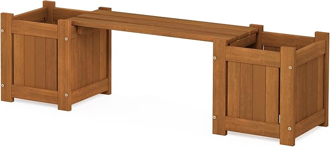 Furinno TIOMAN Mini Planter Box with Bench, Hardwood Flower Box with Seat, Cube Garden Box, in Teak Oil, Outdoor Indoor, Garden, Patio, Balcony, Light Wood