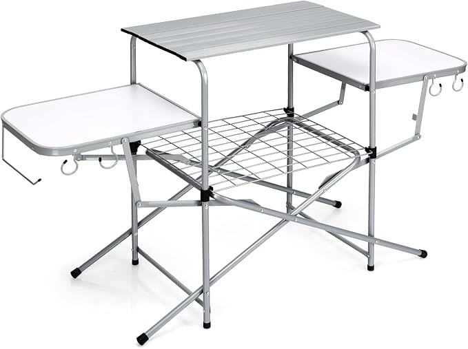 GIANTEX Folding Grill Table with 26'' Main Tabletop, Portable Aluminum Camping Table, Carrying Bag, Quick Set-up, Outdoor Camping Kitchen Food Prep Station for Picnic Tailgating RVing Backyard