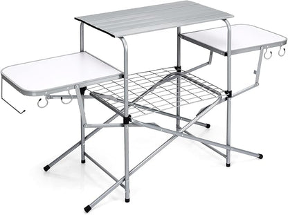 GIANTEX Folding Grill Table with 26'' Main Tabletop, Portable Aluminum Camping Table, Carrying Bag, Quick Set-up, Outdoor Camping Kitchen Food Prep Station for Picnic Tailgating RVing Backyard