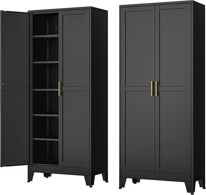 Ckzbx Metal Cabinets with Doors and Shelves, 75" H Black Storage Cabinet Pantry Cabinet Garage Cabinets for Kitchen,Living Room, Dinning Room