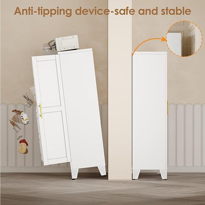 PAOFIN 47" Kitchen Pantry Cabinet, Metal Storage Cabinet with 3 Adjustable Layer Shelves, 8 Door Shelves, Buffet Sideboard for Living Room, Kitchen, White