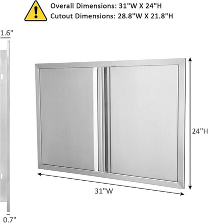 JIE JIN Outdoor Kitchen Door 31" W X 24" H Double Doors BBQ Access Door BBQ Island Door 304 Brushed Stainless Steel Flush Mount Door for Outdoor Kitchen BBQ Island Outdoor Cabinet Doors