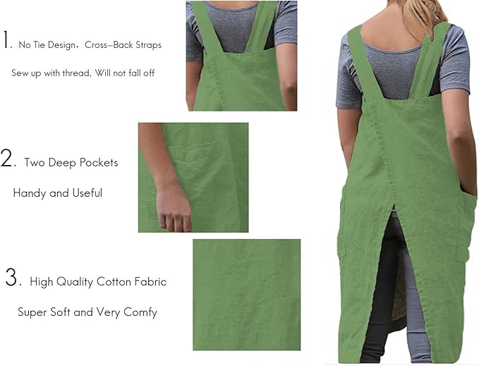 TBA Cotton Linen Apron Cross Back Apron for Women with Big Pockets Square Pinafore Dress for Baking Cooking BBQ & Grill