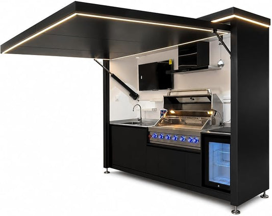 Sunnyjoy Modular Outdoor Kitchen Flip, Premium Aluminum Cabinet System-1 | Max Flip cover version with grill, sink & storage, durable weather-resistant design, includes flip-top set for protection