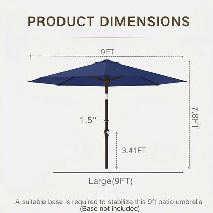 Kingdura 9FT Outdoor Patio Umbrella, Round Market Table Umbrella with Push‑Button Tilt and Crank Lift, 8 Sturdy Metal Ribs, UV50+ Protection Canopy for Backyard, Lawn, Deck, Poolside, Garden (Navy blue)