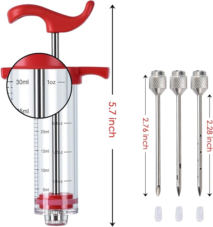 Plastic Meat Injector, Turkey Injector Syringe, Marinade Injector Turkey Injection Kit, Meat Injectors for Smoking, BBQ Grill Injector, Red 1oz (1 Injector 3 Needles)