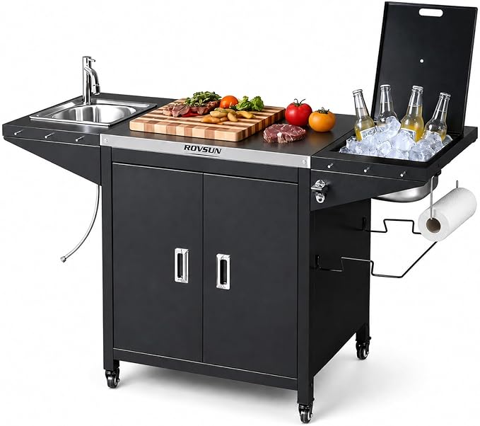 ROVSUN Outdoor Grill Cart with Sink, 304 Stainless Steel Sink with Chilly Bin Cooler, Rolling Kitchen Prep Island with Cabinet, Bottle Opener, Rubbish Rack, Patio, Gardens, Backyards