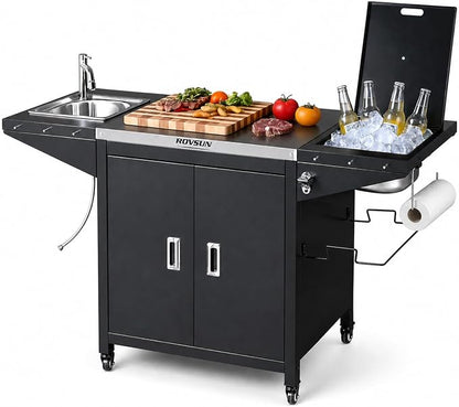 ROVSUN Outdoor Grill Cart with Sink, 304 Stainless Steel Sink with Chilly Bin Cooler, Rolling Kitchen Prep Island with Cabinet, Bottle Opener, Rubbish Rack, Patio, Gardens, Backyards