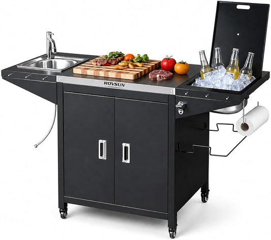 ROVSUN Outdoor Grill Cart with Sink, 304 Stainless Steel Sink with Chilly Bin Cooler, Rolling Kitchen Prep Island with Cabinet, Bottle Opener, Rubbish Rack, Patio, Gardens, Backyards