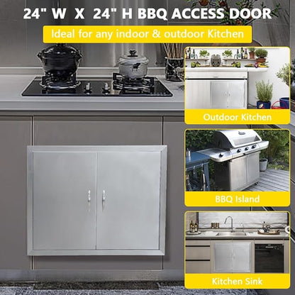 GarveeLife BBQ Access Door, 24 in W x 24 in H Outdoor Kitchen Double Door, 304 Stainless Steel Flush Mount Door for BBQ Island, Grilling Station, Outside Cabinet