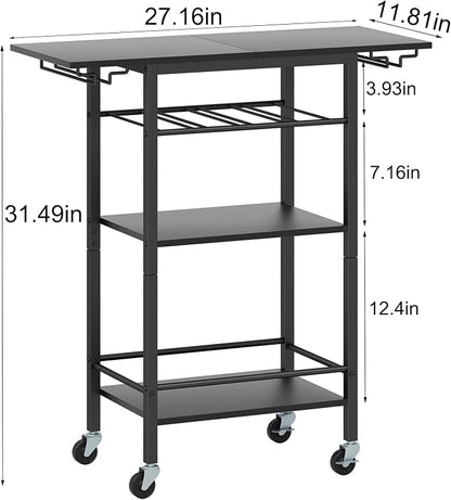 LAATOOREE Bar Cart 4 Tier, Home Serving Cart, Black Mobile Drink Beverage Cart, Rolling Kitchen Shelf with Wine and Glass Holders, for Living Room