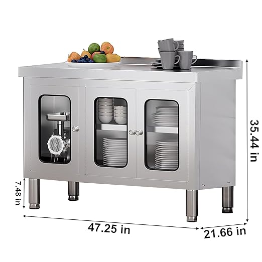 47" Stainless Steel Table Cabinet Heavy Duty Prep Table with 304 Stainless Steel Worktop and 3 Glass Doors Commercial Worktable Workbench with Storage Cabinet for Kitchen Garage Restaurant Outdoor
