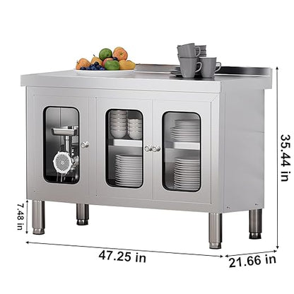 47" Stainless Steel Table Cabinet Heavy Duty Prep Table with 304 Stainless Steel Worktop and 3 Glass Doors Commercial Worktable Workbench with Storage Cabinet for Kitchen Garage Restaurant Outdoor