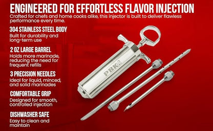 Heavy Duty Meat Injector 304 Stainless Steel - Seasoning Injector - Marinade Injector Syringe Includes 3 Needles - 2 oz Barrel - Dishwasher Safe [New and Improved 2025]