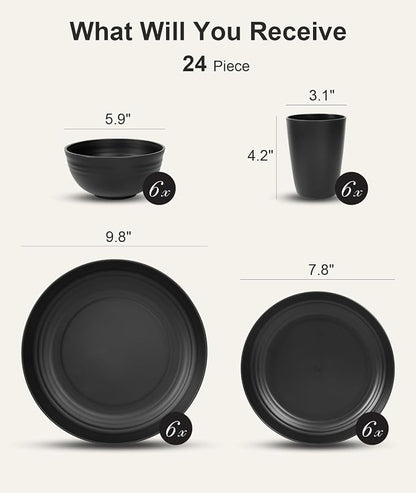 Quatish 24 Piece Plates and Bowls Sets for 6, Unbreakable Dinnerware Sets, Dish Set for Camping, Dishwasher Microwave Safe, Outdoor Kitchen and Apartment Dorm Dinning RV Essentials, Black
