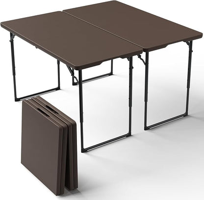 2 Pack Folding Table, 4FT Foldable Picnic Table with Adjustable Height, Heavy Duty Fold-in-Half Portable Table for Weddings, Camping, RV Travel, Parties, BBQs, Easy to Fold and Store, Brown