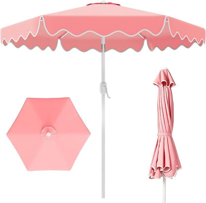 AreShark 7.5FT Outdoor Patio Umbrella with Wavy Trim (Peach Pink) | Market Table Umbrellas w/ 6 Sturdy Ribs, Crank & Tilt, White Pole, Pool Umbrella with UV-Fade Resistant Fabric, Heavy Frame