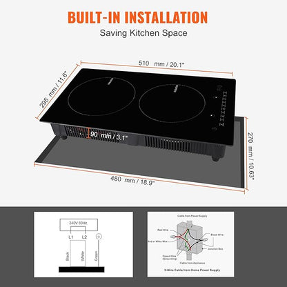 VEVOR Electric Cooktop, 2 Burners, 12'' Induction Stove Top, Built-in Magnetic Cooktop 3000W, 9 Heating Level Multifunctional Burner, LED Touch Screen w/Child Lock & Over-Temperature Protection