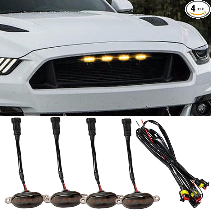 BDZMC 4PCS LED Grill Lights, Bright Car Front Grill DRL Lamps with Wiring Harness, Car Grid Bumper Trim Lights Auto Accessories, Compatible with F150 F250 F350 Front Grilles (Yellow)