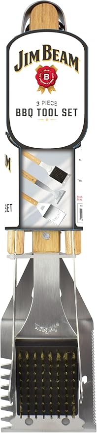 Jim Beam 3-Piece Barbecue Tool Set with Stainless Steel Cleaning Brush, 5-in-1 Spatula and a Pair of Tongs