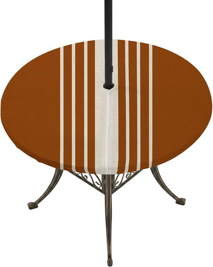 Outdoor Fitted Tablecloth with Umbrella Hole and Zipper, Burnt Orange Beige Striped Elastic Round Patio Table Cover, Farmhouse Retro Lines Modern Table Protector for Backyard BBQ Party 31''-35''
