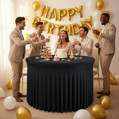 Fitted Black Spandex Table Skirts for Wedding Party,60 Inch Round,4 Pack | Spandex Table Covers, For 5 Ft Wedding Cake Tables, Wrinkle Resistant, Ruffle Design Banquets, Baby Showers, Parties