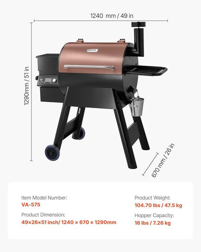 VEVOR Wood Pellet Grill Smoker, 8 in 1 BBQ Grills for Outdoor Cooking, 575 Square Inches Cook Area Electric Grill and Smoker, with LCD Screen Controller, Meat Probe, 500°F Max Temperature, Black