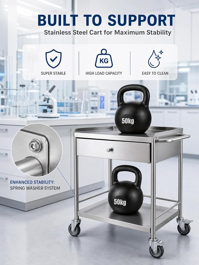 Metal Rolling Cart with 360° Silent Wheels, 220 lbs Capacity Utility Cart | 2-Tier Medical Cart with Handle & Lockable Casters for Lab, Clinic, Kitchen, BBQ Party, Salon