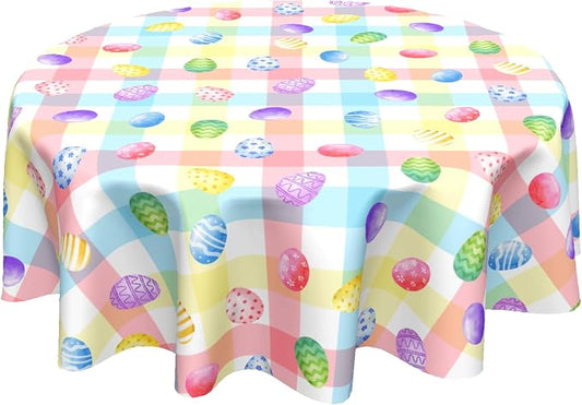 Sweetshow Easter Colorful Eggs Table Cloth Round Buffalo Check Plaid Tablecloth 70 Inch Decor Washable Stain and Wrinkle Spring Round Table Cover for Dining Picnic