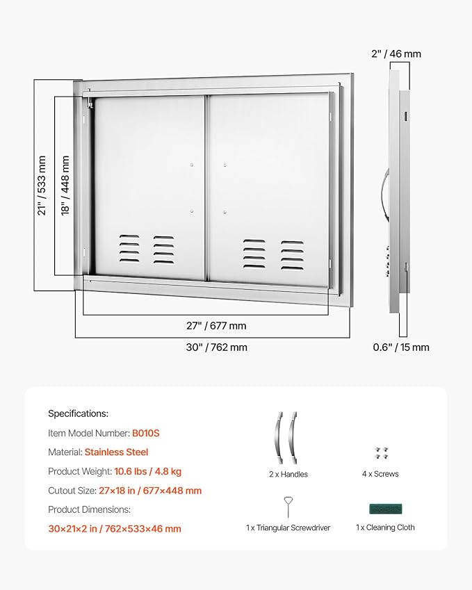 VEVOR BBQ Access Door, 30W x 21H Inch Double Outdoor Kitchen, Stainless Steel Flush Mount, Wall Vertical With Handles and Vents, for BBQ Island, Grilling Station, Outside Cabinet