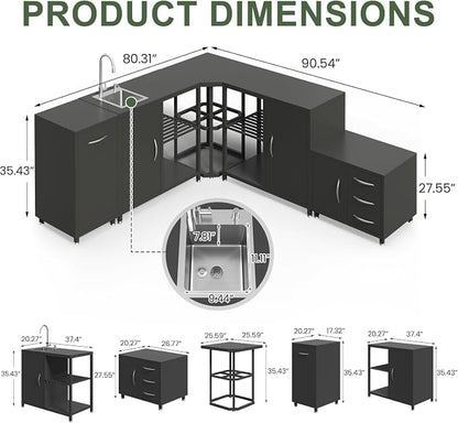EROMMY 5-Piece Modular Outdoor Kitchen Island with Sink, Large Storage Cabinet & Shelf, Pull-Out Trash Drawer and Grill Stand, Outdoor Storage Kitchen Set for BBQ, Deck, Backyard, Black