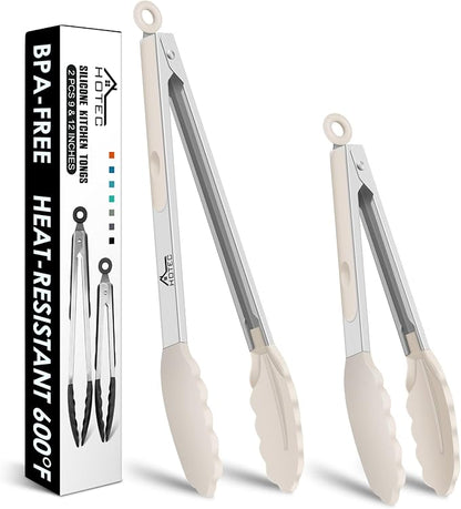 HOTEC Premium Stainless Steel Locking Kitchen Tongs with Silicon Tips, Set of 2-9" and 12",Khaki