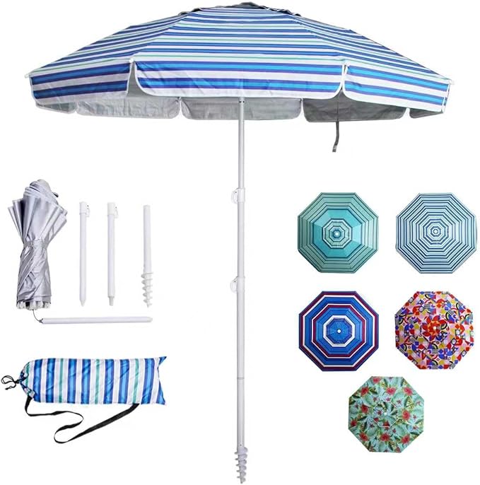 LOTTAFUN 6ft Beach Umbrella - Heavy Duty Wind Resistant UV 50+ Portable Sun Shade with Sand Anchor & Carry Bag, Outdoor Folding Umbrella for Beach, Pool, Patio, Garden (Blue diagonal strip) No Tilt The sand needs to exceed the spiral 6inch