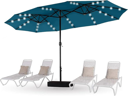 15ft Patio Umbrella with Solar lights & Base, Large Umbrellas, Cerulean | HERA'S PALACE Rectangle Double Market Umbrella with 36 LED Lights, Big Outdoor Umbrellas for Pool Picnic Inground Yard Deck