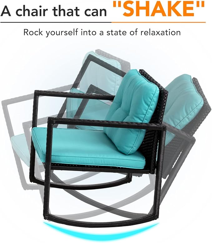 3 Pieces Rocking Bistro Set Outdoor Conversation Sets Rattan Patio Furniture Wicker Rocking Chairs with Blue Cushions and Glass Coffee Table for Balcony Poolside Garden Patio Porch Backyard