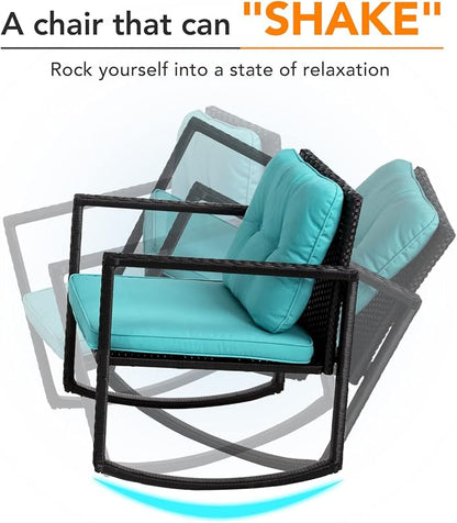 3 Pieces Rocking Bistro Set Outdoor Conversation Sets Rattan Patio Furniture Wicker Rocking Chairs with Blue Cushions and Glass Coffee Table for Balcony Poolside Garden Patio Porch Backyard