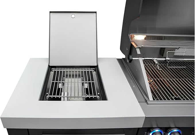 Mont Alpi Premium 107"W x 23"D x 46"H Black Stainless Steel Outdoor Kitchen Island with Infrared Side Burner + 32"W 4-Burner BBQ Grill + Granite Countertops + Storage Cabinets + Rotisserie + Cover