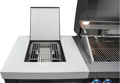 Mont Alpi 120"W x 23"D Black Stainless Steel Premium Outdoor Kitchen Island with Refrigerator + 44"W 6-Burner BBQ Grill + Faucet & Sink + Granite Countertops + Storage Cabinets + Rotisserie + Cover