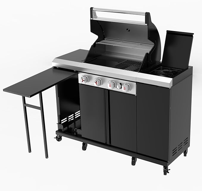 Flintex 4-Burner Propane Gas Kitchen Grill Island with Side Burner,44,000 BTU Stainless Steel BBQ Outdoor Griddle Grill Combo with LPG/NG Convertible and Storage Cabinets & Fold-out Table, Black